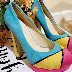 Vibrant Color Block Platform Pumps Suede Chunky Heels Blue Yellow Pink Size 6.5